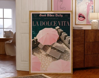 La Dolce Vita Poster, Trendy Newspaper, Vintage Poster, Old Money Aesthetic, Retro Poster, Pink Wall Art, Beach Vibe, Vogue Print