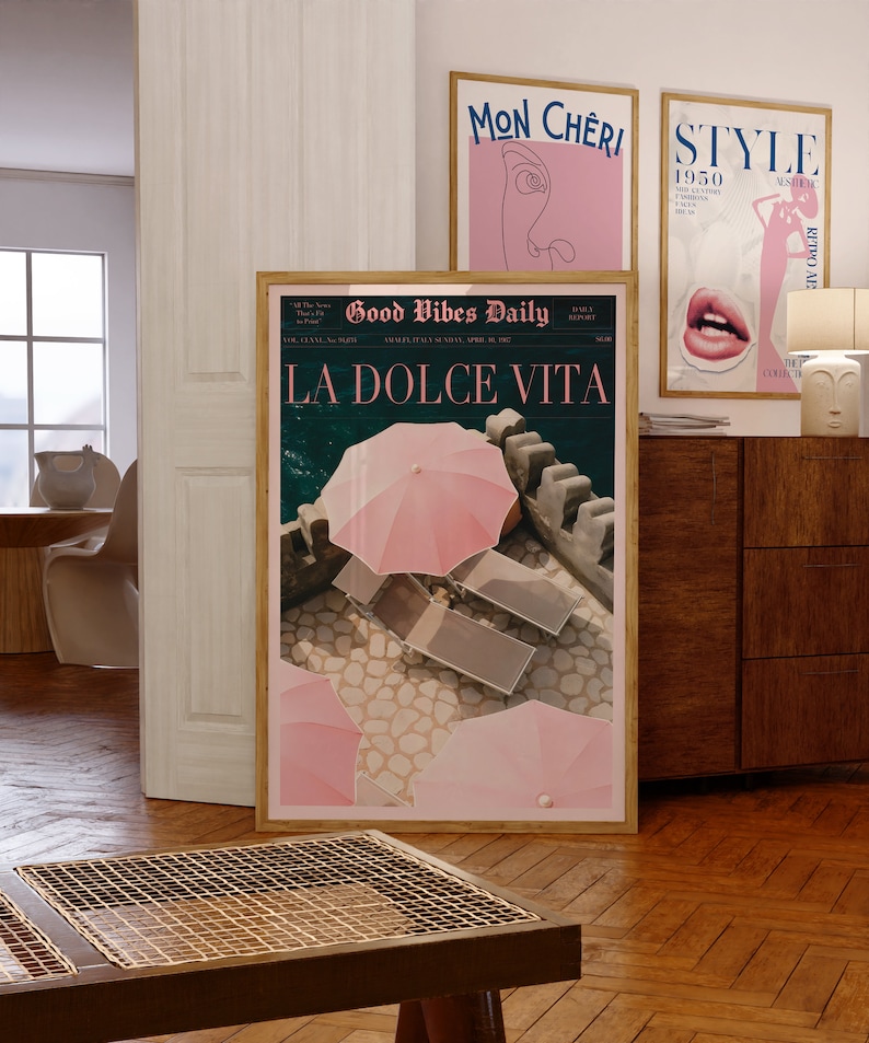 La Dolce Vita Poster, Boho Home, Old Money Aesthetic, Retro Poster, 60s Wall Art, Trippy Art, Summer House, Vogue Print, Trendy Newspaper, Vogue Magazine, Beach Poster, summer never ends, Vogue Fashion, Pink Wall Art, beach vibe, Pink summer poster