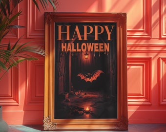 Spooky Halloween Art Print: Scary Pumpkin, Bat Decor (Digital Download)