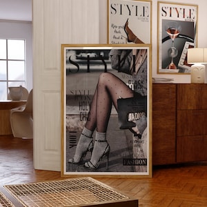 Style Magazin Poster, 70er Retro Print, Schwarze Wand Kunst, High Heels Poster, Altes Geld Ästhetik, Frau Socken Poster, Vogue Print, Trippy Art