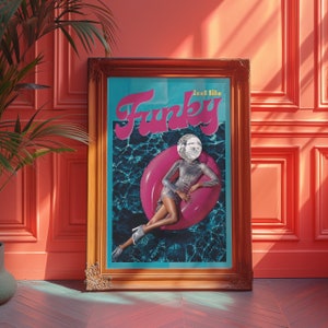 Feel like Funky Poster, Retro Ästhetik, Pink Wandkunst, Blaue Wandkunst, Diamond Pool Poster, Diskokugel Wandkunst, Vogue Print, Frau Poster