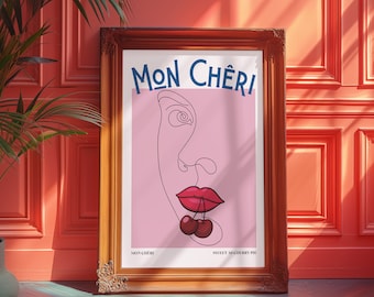 Mon Cheri Cherry Poster: 70s Retro Pink Line Art (Digital Download)