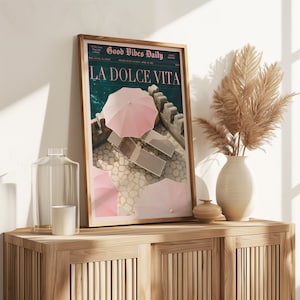 La Dolce Vita Poster, Boho Home, Old Money Aesthetic, Retro Poster, 60s Wall Art, Trippy Art, Summer House, Vogue Print, Trendy Newspaper, Vogue Magazine, Beach Poster, summer never ends, Vogue Fashion, Pink Wall Art, beach vibe, Pink summer poster