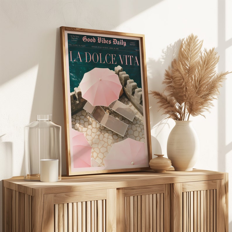 La Dolce Vita Poster, Boho Home, Old Money Aesthetic, Retro Poster, 60s Wall Art, Trippy Art, Summer House, Vogue Print, Trendy Newspaper, Vogue Magazine, Beach Poster, summer never ends, Vogue Fashion, Pink Wall Art, beach vibe, Pink summer poster