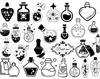 May include: A collection of 20 black and white illustrations of potion bottles with various designs, including hearts, stars, moons, skulls, and eyes. The text "Drink Me" is included in the image.
