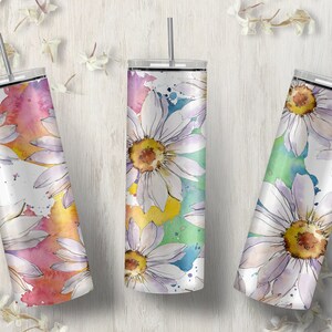 Watercolor Daisies 20oz skinny tumbler wrap design png download