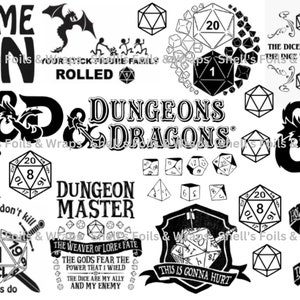 Może przedstawiać: Czarno-białe ilustracje cyfrowe kości, smoków i innych elementów fantasy. Tekst "Game On", "Dungeons & Dragons", "Dungeon Master", "Swords don't kill, DM's do" i "This is gonna hurt" jest zawarty w obrazie.