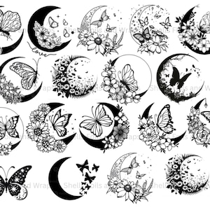 Może przedstawiać: Kolekcja czarno-białych ilustracji przedstawiających półksiężyce, motyle i elementy kwiatowe. Projekty są zróżnicowane, niektóre księżyce zdobione kwiatami i motylami, inne prezentują skomplikowane wzory motyli. Ogólny motyw jest niebiański i inspirowany naturą.