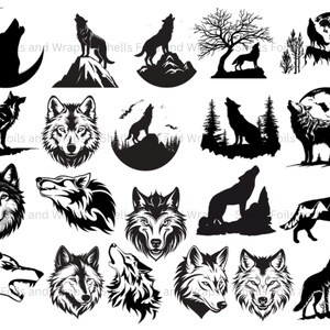 May include: A collection of black and white wolf designs. The images include silhouettes of wolves howling at the moon, standing on mountains, and detailed wolf faces. The designs are suitable for various craft projects.