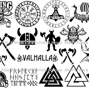 May include: Black and white vector illustrations of Viking symbols, including axes, helmets, ships, and the word "Valhalla".