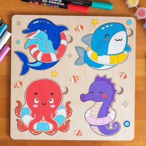 Laser Cut Puzzle, Shark svg, Dolphin svg, Seahorse svg, Octopus svg, Coloring, Wooden Puzzle - Animal Puzzle - Laser Cut Files