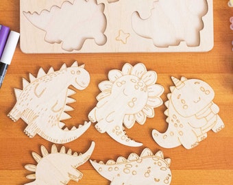 May include: Five unfinished wooden dinosaur shapes, ready to be painted. The dinosaurs are a stegosaurus, a triceratops, a brachiosaurus, a tyrannosaurus rex, and a pterosaur.