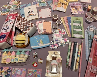 Kawaii Stationery Mystery Box, Grab Bag, kawaii pens, notebooks, stickers, pencils cases, keychains, and more.