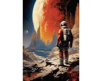 Templo perdido - Cartel retro de ciencia ficción de Alien Planet, impresión de arte de astronauta perdido, arte conceptual de ciencia ficción vintage, cartel mate de alta calidad