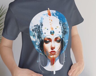 Camiseta unisex de algodón de manga corta con diseño de arte conceptual de ciencia ficción retro de Celestial Visionary, estilo vintage de los años 60, con diseño de ciencia ficción y androide espacial