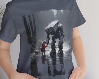 Encuentro con el bosque - Camiseta gráfica de manga corta unisex de arte conceptual de ciencia ficción, camiseta de ciencia ficción retro distópica robot mech escena del bosque