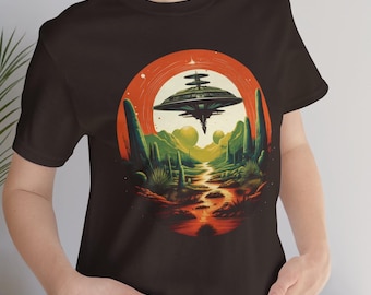 Avistamientos del desierto - Camiseta de platillo volador, camisa de abducción alienígena de avistamiento de ovnis de ciencia ficción retro, camiseta de manga corta unisex de ciencia ficción vintage