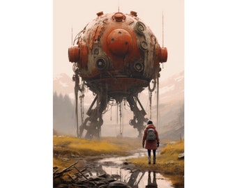Póster de arte conceptual de ciencia ficción retro de Forgotten Guardian, impresión de robot de ciencia ficción de alta calidad, arte de pared de fantasía postapocalíptica