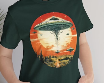 Sunset Abduction - Alien Flying Saucer Retro Sci-fi Concept Art Camiseta, Nostálgico Unisex Algodón Vintage Ciencia Ficción Camiseta Gráfica
