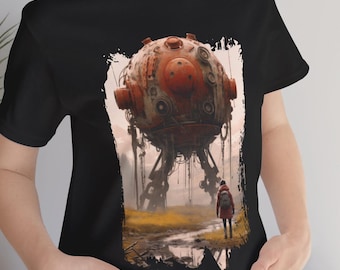 Forgotten Guardian - Camiseta retro de arte conceptual de ciencia ficción, camiseta de algodón unisex de ciencia ficción de robot vintage, escena del bosque post-apocalipsis
