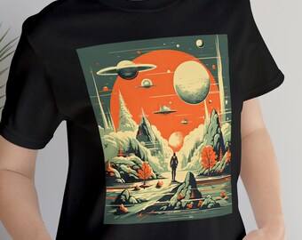 Deep Space Drifter, T-shirt de science-fiction rétro, t-shirt unisexe en coton filé à anneaux à manches courtes, science-fiction vintage, t-shirt graphique de science-fiction, planète extraterrestre
