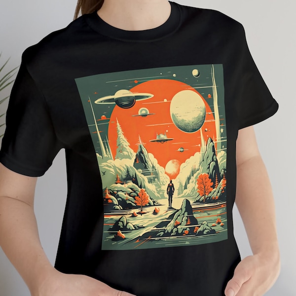 Deep Space Drifter, Retro Sci-Fi T-Shirt, Unisex Short Sleeve Ringspun Cotton Tee, Vintage Science Fiction, Sci-fi Graphic Tee, Alien Planet