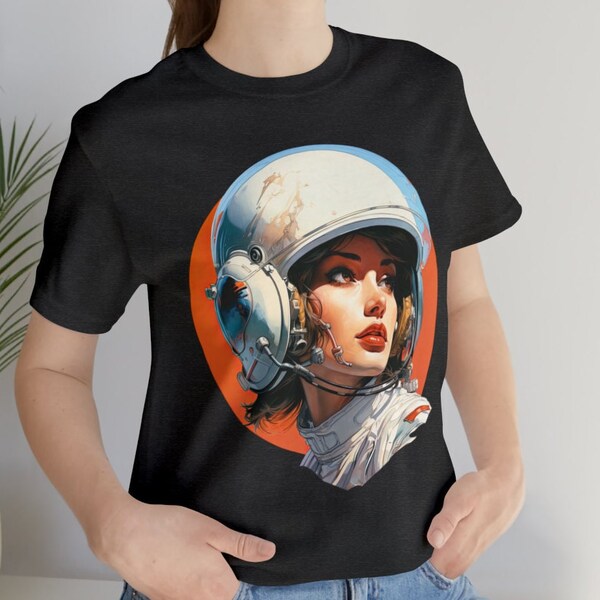 Starbound Siren, Retro Sci-Fi T-Shirt, Short Sleeve Ringspun Cotton Unisex Tee, Vintage Science Fiction Shirt, Graphic Tee, Woman Astronaut