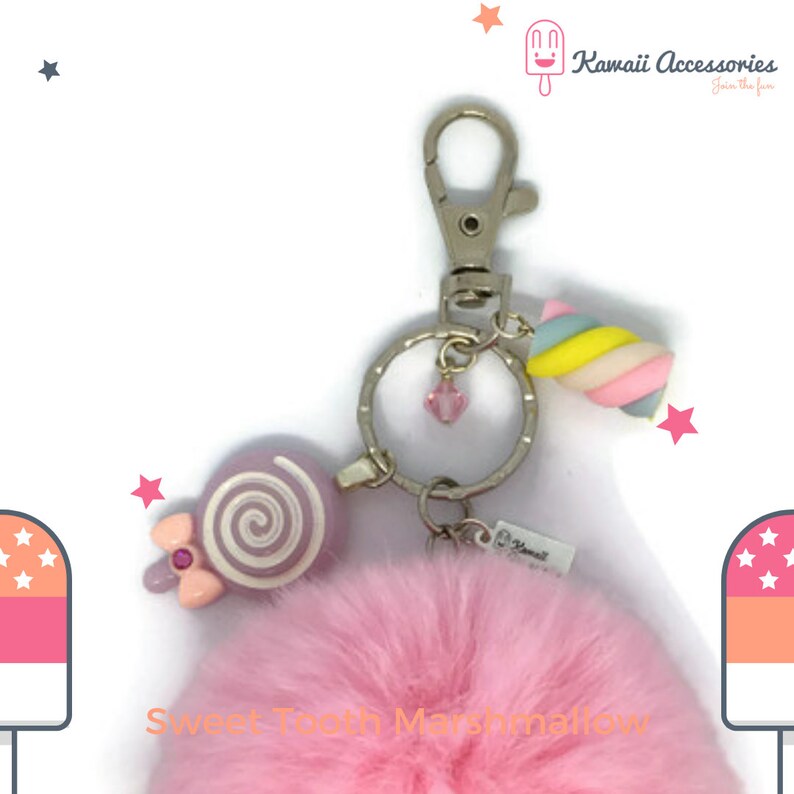 Pendentif de sac porte-clés pompon rose kawaii avec décoration en cristal Swarovski dans différents thèmes Sweet Tooth