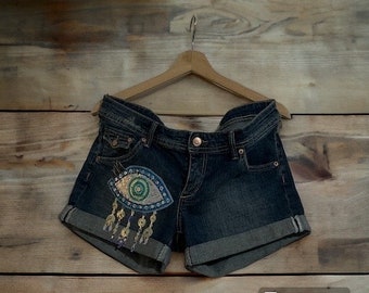 Denim shorts with embroidered evil eye , unique and beautiful