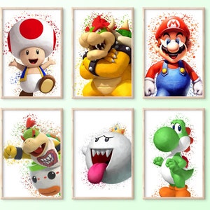 Set of 9 Super Mario PRINTABLE Watercolor Bundle Poster, Wall Art, Printable Super Mario Painting (Mario, Luigi, Bowser, Donkey Kong..) Gift