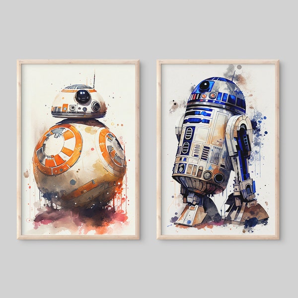 Set of 2 Droids (R2D2, BB-8) Star Wars PRINTABLE Watercolor Bundle Poster, Wall Art, Printable Star Wars Painting Gift
