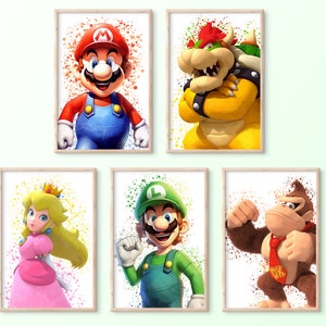 Set of 5 Super Mario PRINTABLE Watercolor Bundle Poster, Wall Art, Printable Super Mario Painting (Mario, Luigi, Bowser, Donkey Kong..) Gift