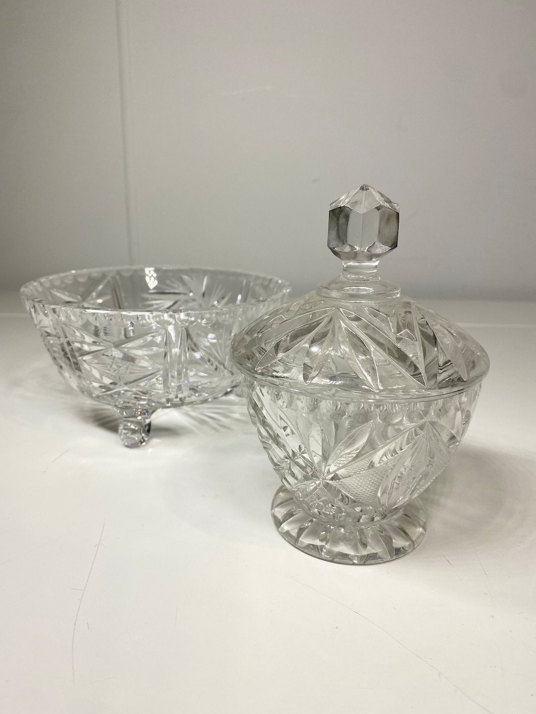Vintage Clear Crystal Glass Sugar Bowl & Dish Matching Set Etsy