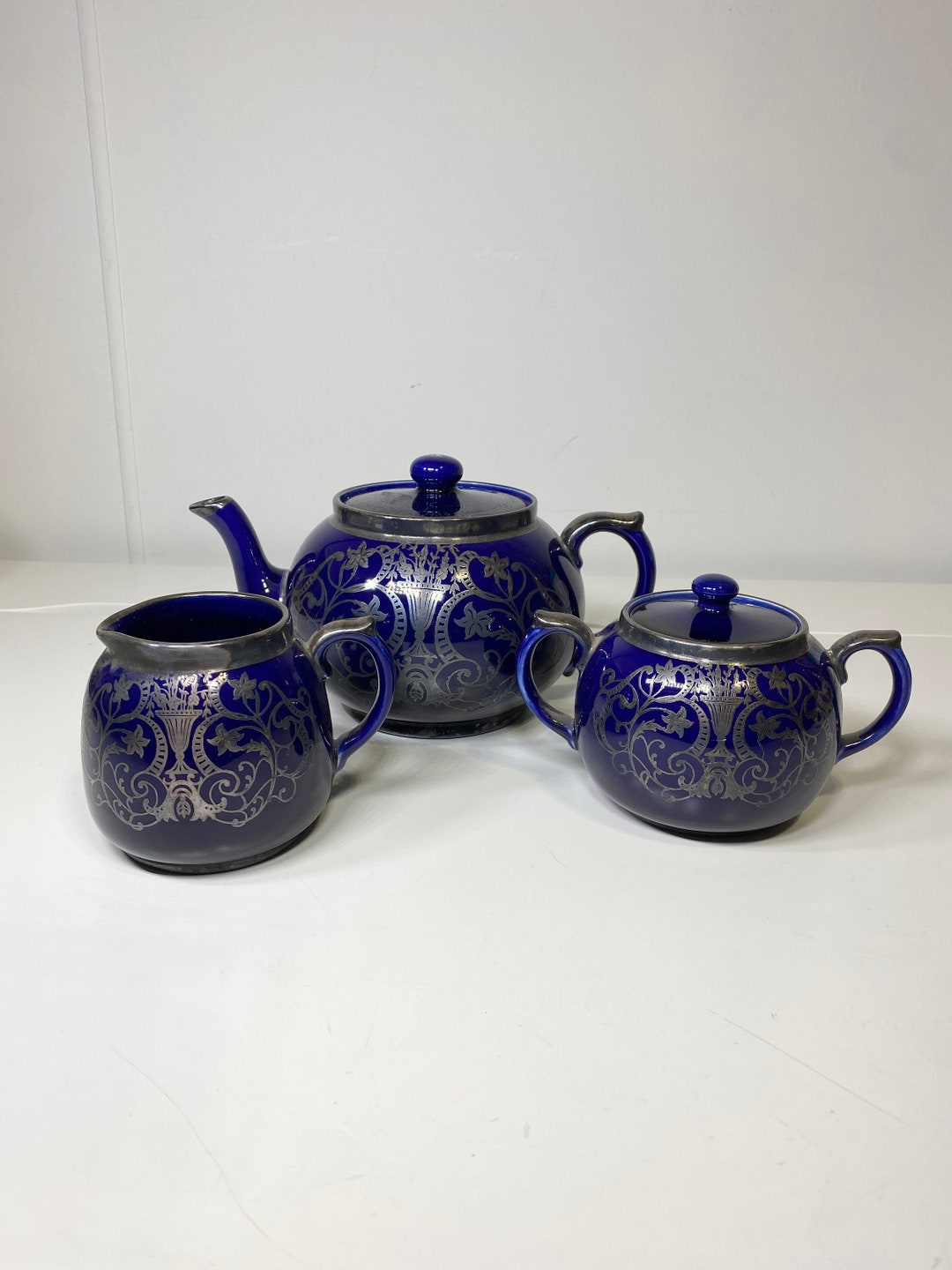 Rare Cobalt Blue Sudlows Burslem Teapot, Sugar Bowl, & Creamer Made in