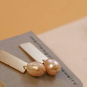 freshwater, baroque pearl statement earrings with high polish brass dangles, bridal earrings, shiny brass and pearl, imperfect pearls