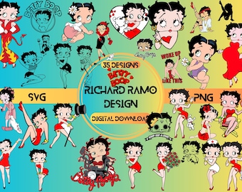 May include: A digital download of 35 designs featuring Betty Boop in various poses and outfits. The designs are in both SVG and PNG formats. The text "35 Designs Betty Boop Richard Ramo Design Digital Download" is displayed on the image.