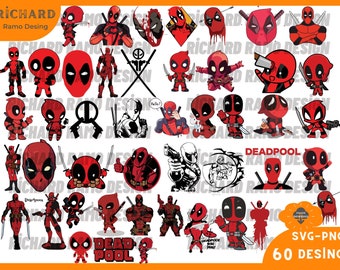 60 デッドプール SVG バンドル、デッドプール PNG、デッドプール Cricut、シルエット クリップアート デジタル ベクトル カット ファイル、インスタント ダウンロード、SVG