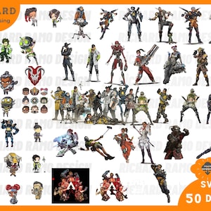May include: A collection of 50 digital illustrations of characters from the video game Apex Legends. The characters are depicted in various poses and expressions, including a variety of weapons and equipment. The illustrations are in a cartoon style and are suitable for use in digital projects.