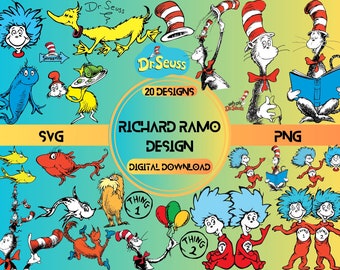 Dr. Seuss Svg gelaagd item, Dr. Seuss kat in de hoed Svg-clipart, digitaal vectorbestand knippen, Lorax, visbestanden, 20 ontwerpen, digitale download