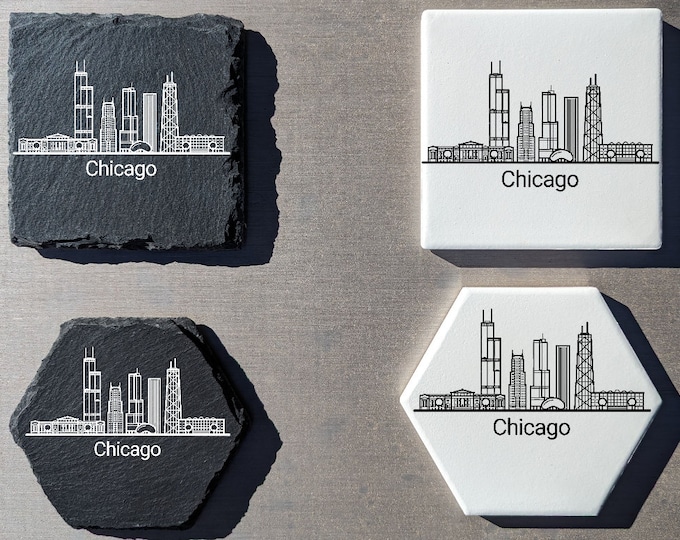 Chicago Skyline Coasters: Laser Engraved Slate or Ceramic