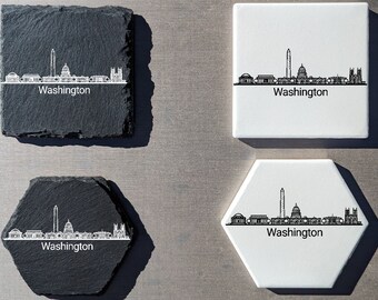 Washington DC Skyline Coasters: Laser Engraved Slate or Ceramic