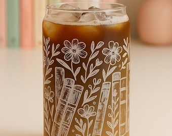 Flower and Book Engraved Glass Can: Frosted Drinkware