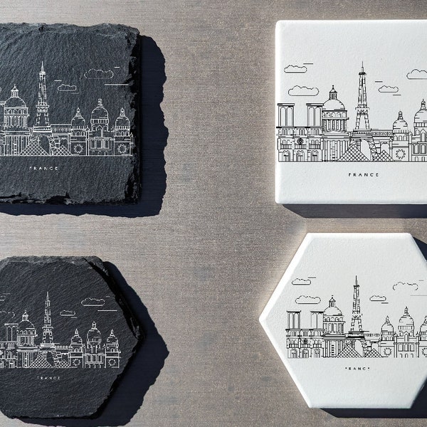 France Skyline Coasters | Modern Coasters | Slate Coasters | Paris | Ceramic Coasters | Minimalist Coasters | Eiffel Tower | Paris Coaster