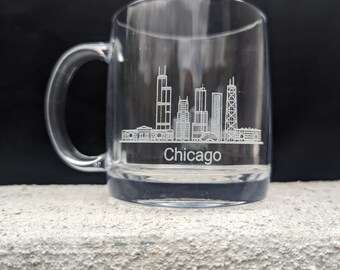 City Skyline Glass Mug: Etched Coffee or Tea Cup, Global Collection