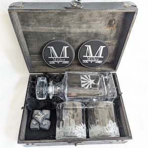 Whiskey Gift Box | Custom Engraved Gift | Whiskey Glasses | Coasters | Engraved Decanter | Decanter Set | Housewarming Gift | Modern Set