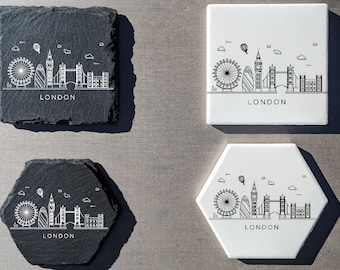 London Skyline Coasters | Modern Coasters | Slate Coasters | England | Ceramic Coasters | Minimalist Coasters | London Bridge | Big Ben