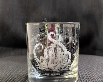 Engraved Kraken Whiskey Glass: Nautical Marine Life Rocks Glass