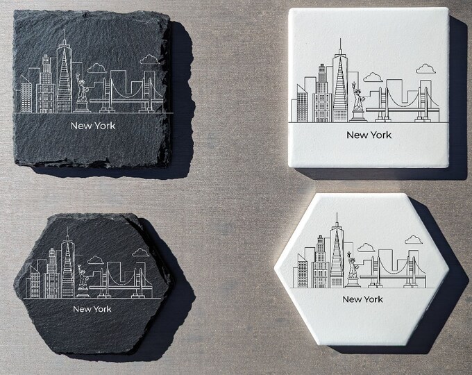 New York Skyline Coasters: Laser Engraved Slate or Ceramic