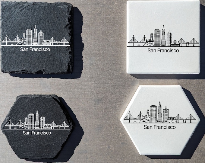 San Francisco Skyline Coasters: Laser Engraved Slate or Ceramic