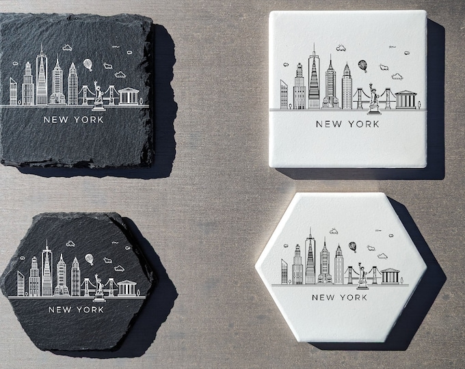 New York Skyline Coasters: Laser Engraved Slate or Ceramic